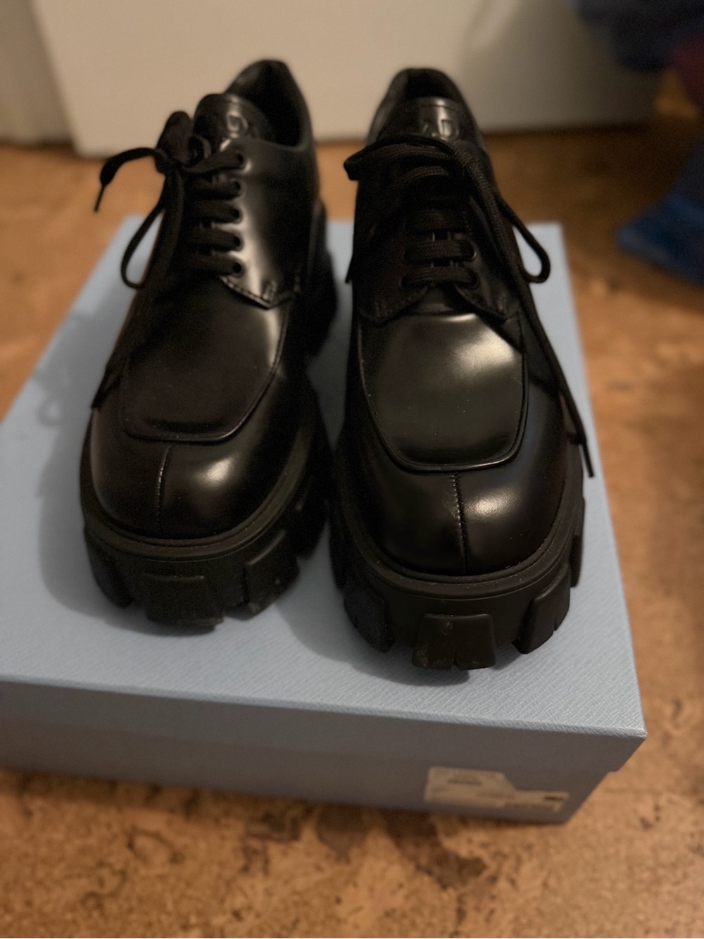 Prada Black Chunky Leather Lace-Up Platform Shoes